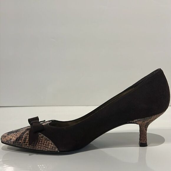 Stuart Weitzman Brown Suede/Embossed Leather Toe and Kitten Heel Shoes Size 7 - Picture 4 of 15